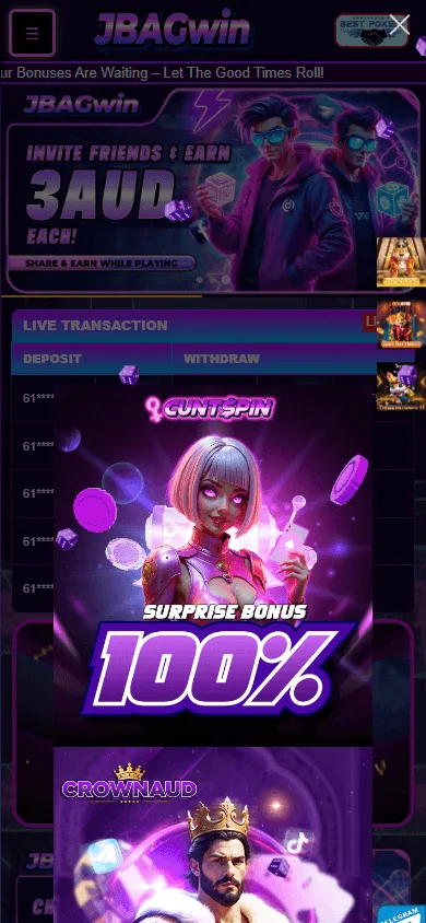 Jbagwin Casino game selection on a mobile device