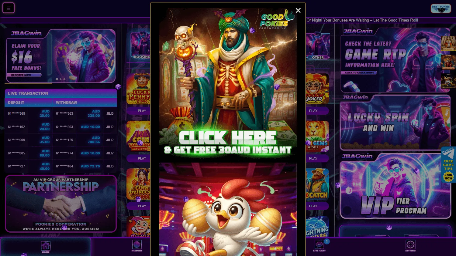 Jbagwin Casino game selection on desktop