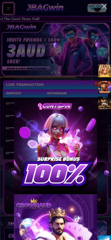 Jbagwin Casino home screen on a mobile device