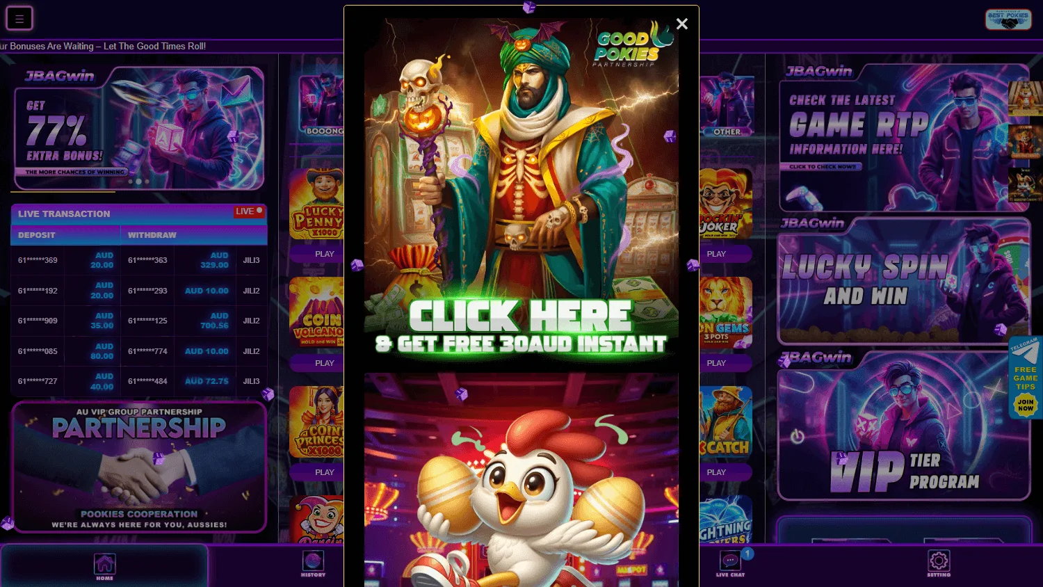 Jbagwin Casino home screen on desktop